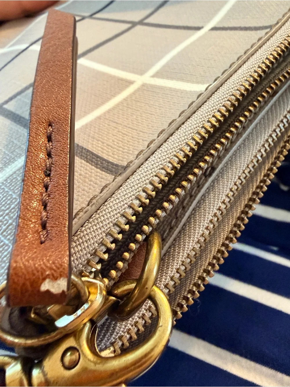 Fossil Devon Greige and Brown Plaid Crossbody Bag with Key Charm